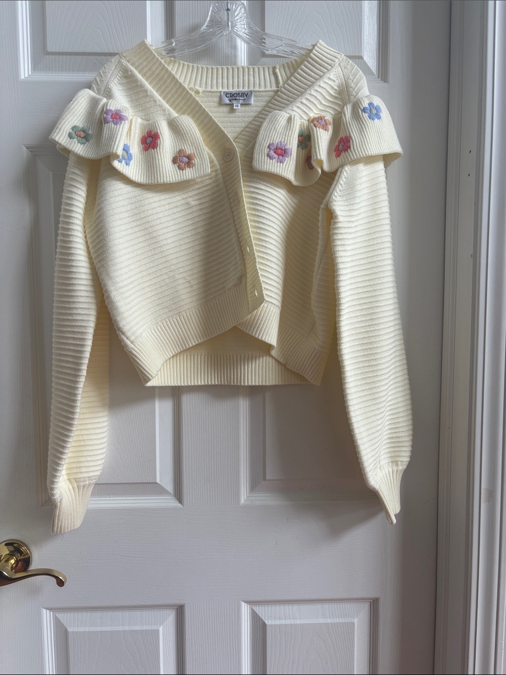 CROSBY by Mollie Burch Cream Ruffle-Yoke Cardigan with Floral Embroidery